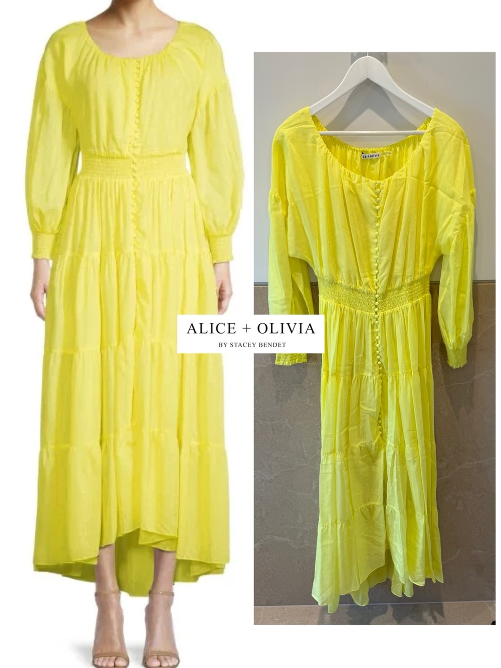 Like New - Alice+Olivia Yellow Tiered High-Low Maxi Dress (US 12)